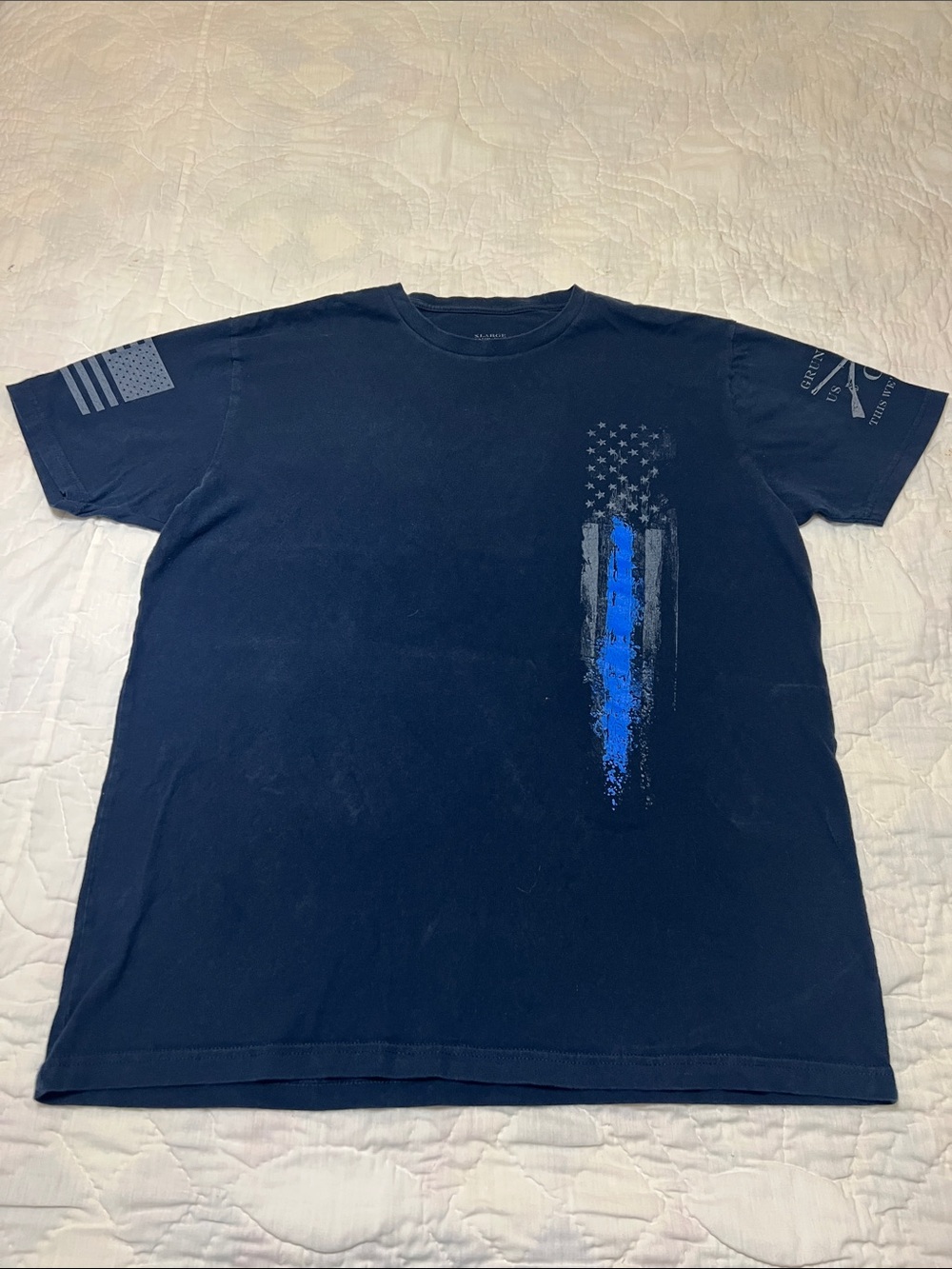 Grunt Style Black Short-Sleeve Tee with Blue Thin Line Flag